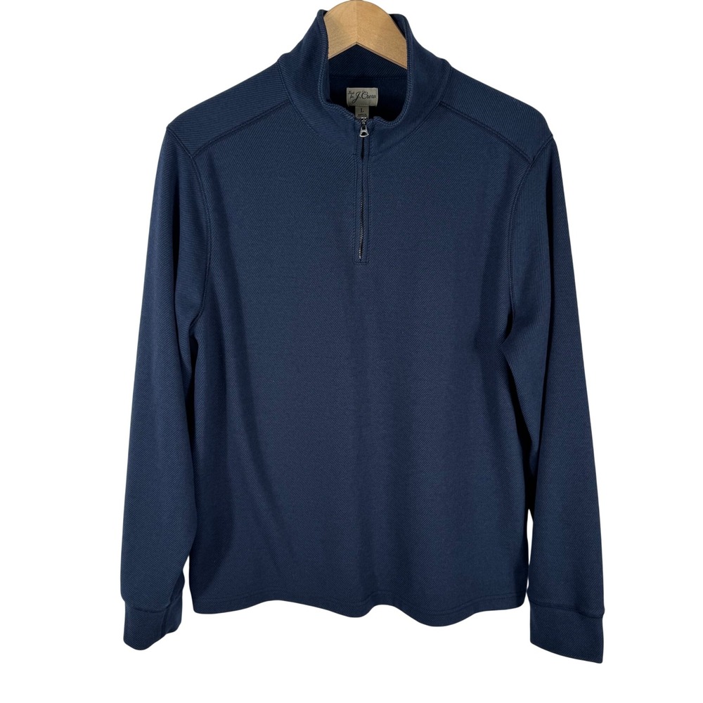 J.Crew Quarter Zip‎ Fleece Pullover Mens L Blue Herringbone Textured Knit